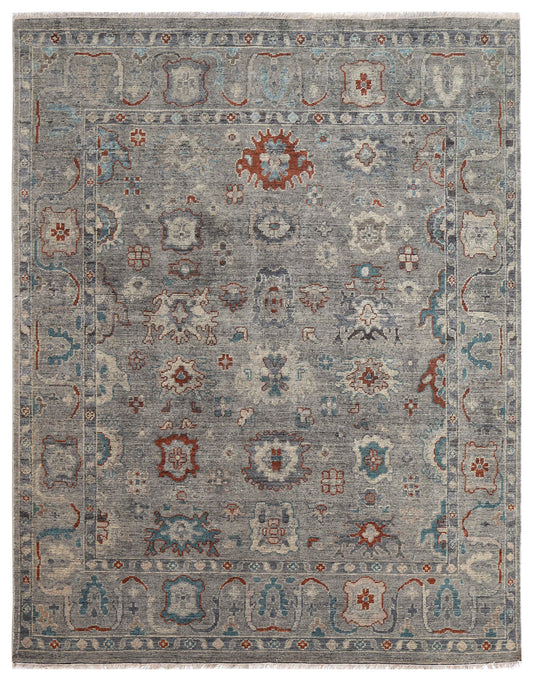 Silver Grey Teal Ivory Crimson Oushak Floral Hand Knotted Wool Silk 8x10 Bhadohi Area Rug
