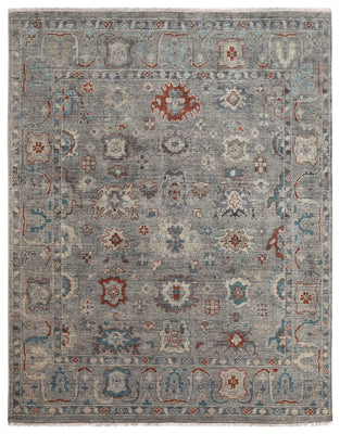 Silver Grey Teal Ivory Crimson Oushak Floral Hand Knotted Wool Silk 8x10 Bhadohi Area Rug