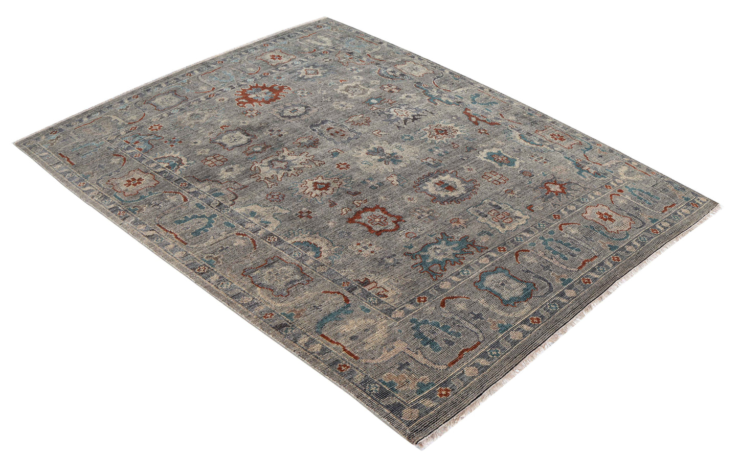 Silver Grey Teal Ivory Crimson Oushak Floral Hand Knotted Wool Silk 8x10 Bhadohi Area Rug