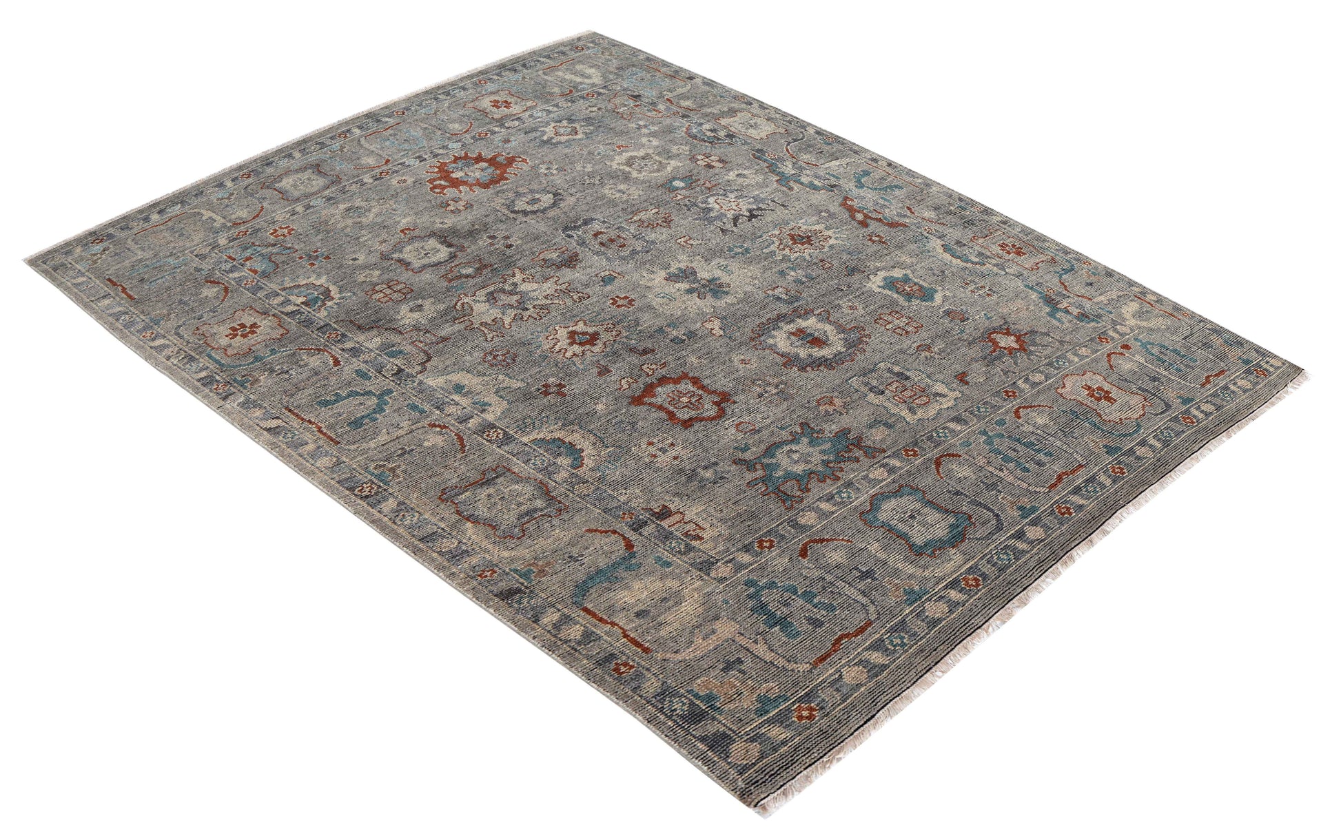 Silver Grey Teal Ivory Crimson Oushak Floral Hand Knotted Wool Silk 8x10 Bhadohi Area Rug