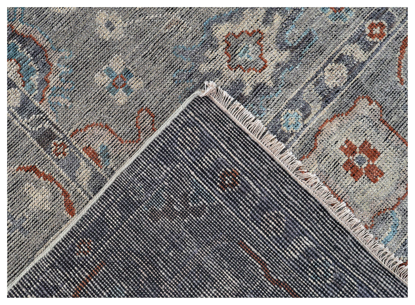 Silver Grey Teal Ivory Crimson Oushak Floral Hand Knotted Wool Silk 8x10 Bhadohi Area Rug