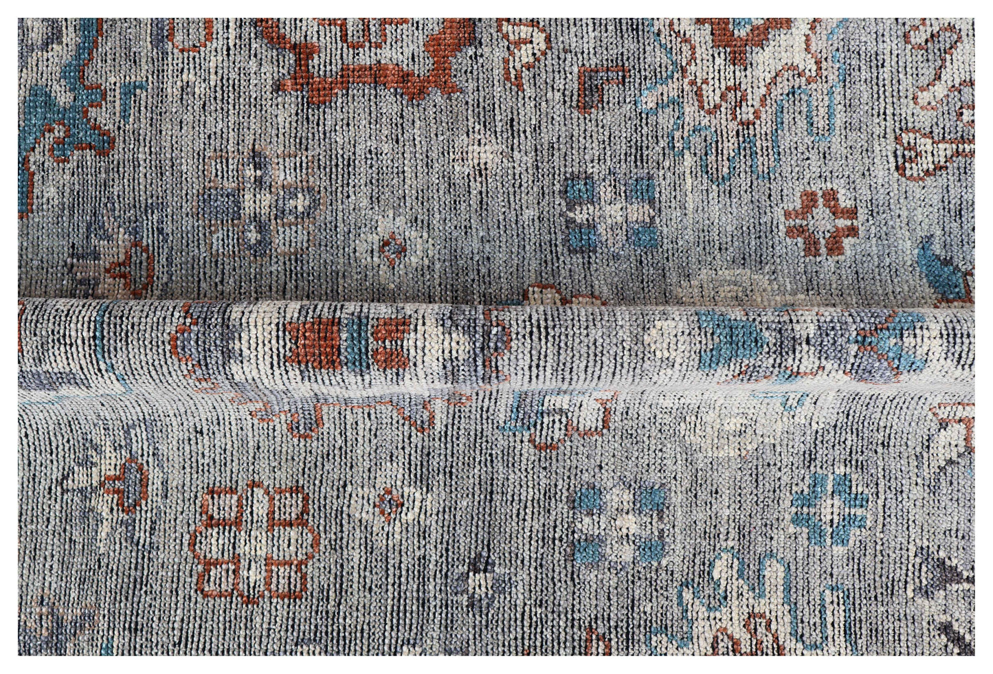 Silver Grey Teal Ivory Crimson Oushak Floral Hand Knotted Wool Silk 8x10 Bhadohi Area Rug