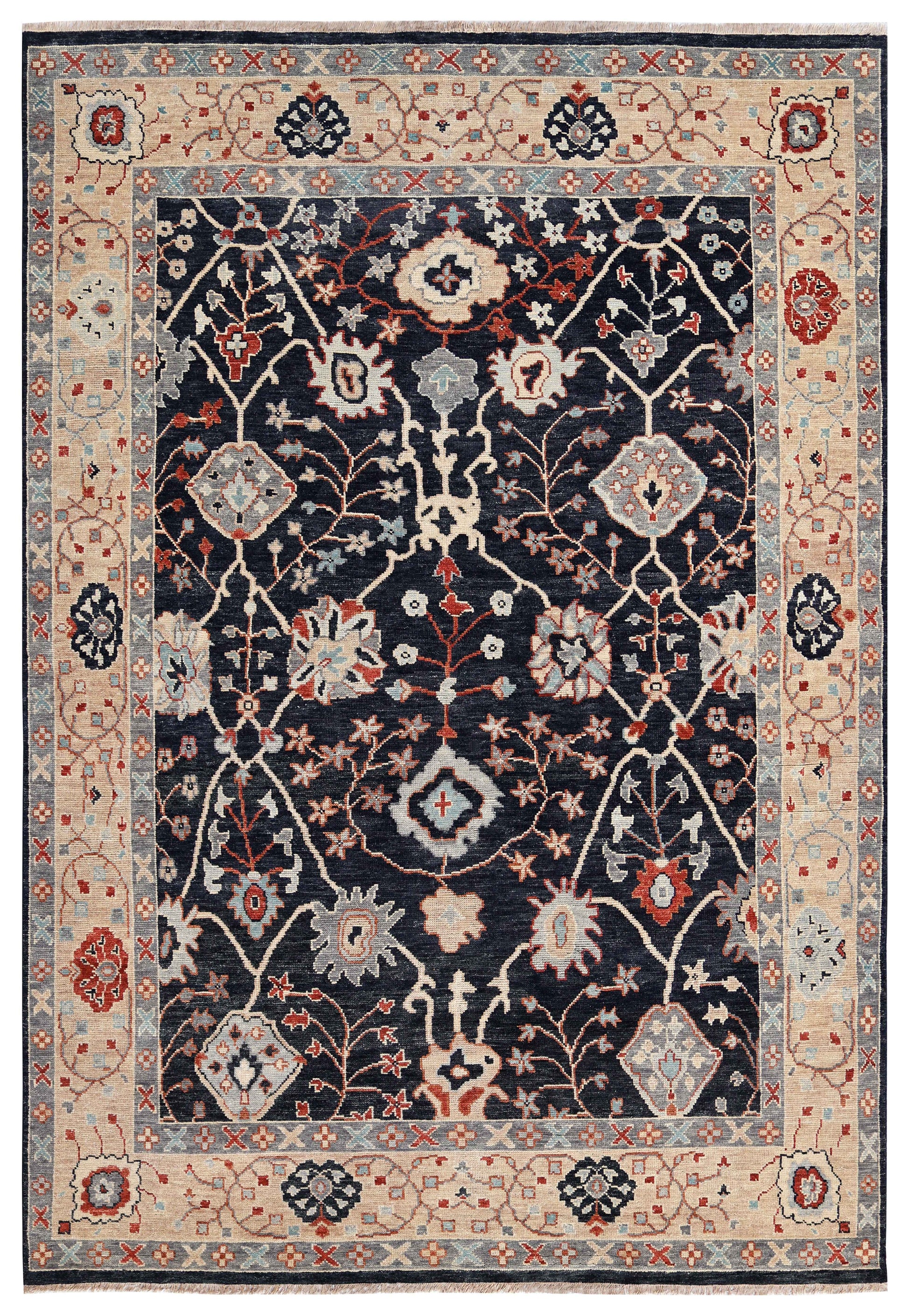 Navy Black Ivory Crimson Grey Ziegler Floral Vine Hand Knotted Wool Silk 9x12 Bhadohi Area Rug