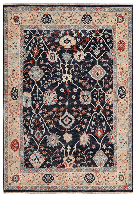 Navy Black Ivory Crimson Grey Ziegler Floral Vine Hand Knotted Wool Silk 9x12 Bhadohi Area Rug