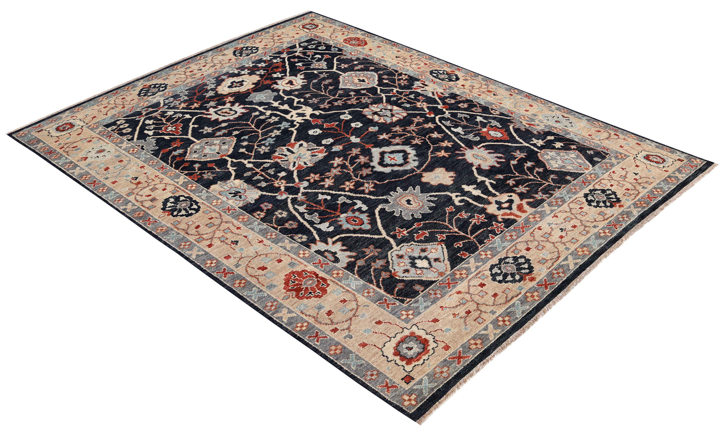 Navy Black Ivory Crimson Grey Ziegler Floral Vine Hand Knotted Wool Silk 9x12 Bhadohi Area Rug