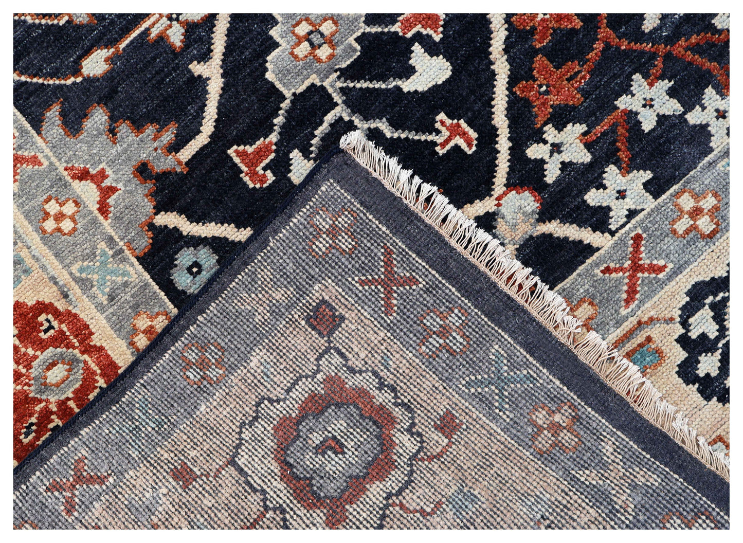 Navy Black Ivory Crimson Grey Ziegler Floral Vine Hand Knotted Wool Silk 9x12 Bhadohi Area Rug