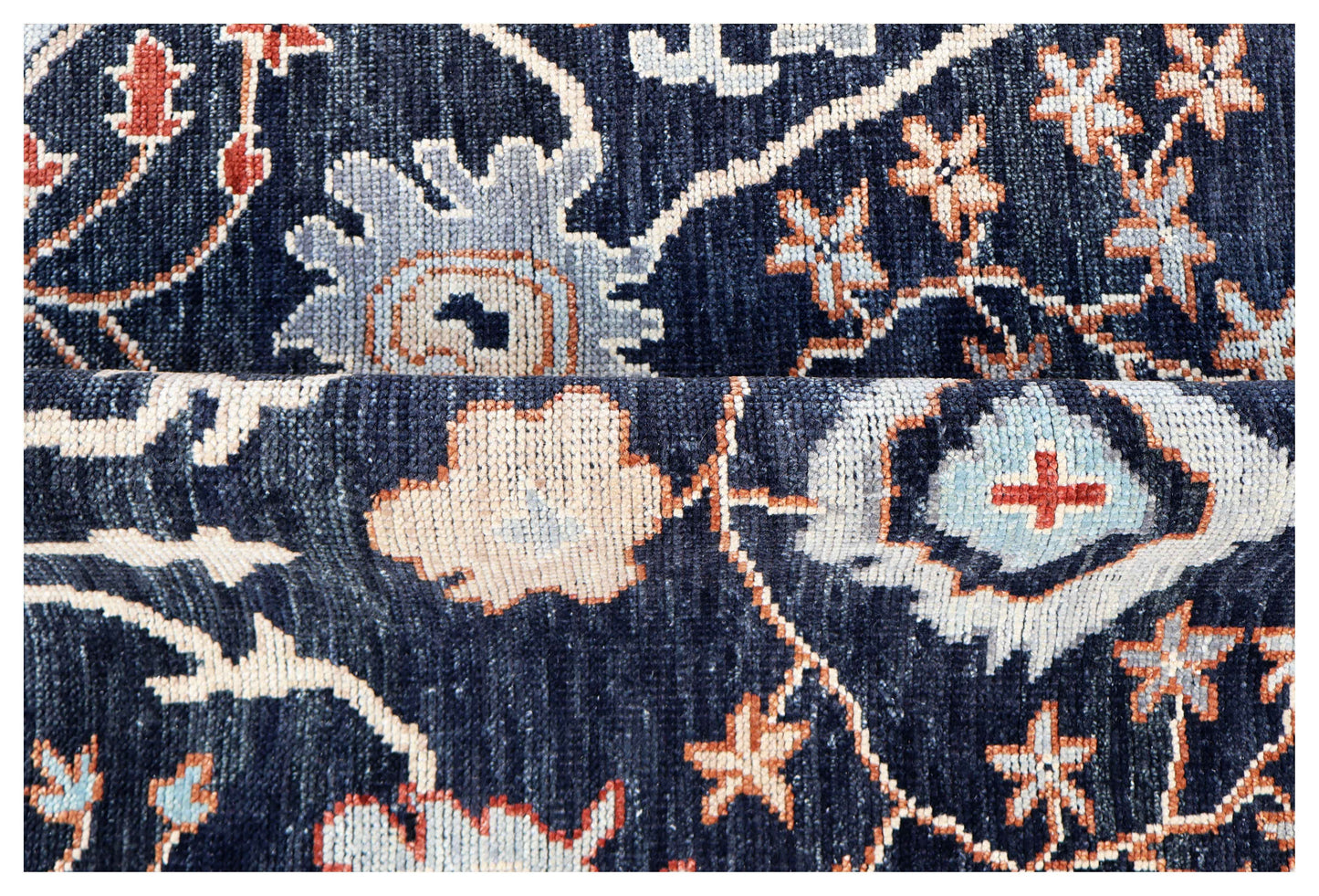 Navy Black Ivory Crimson Grey Ziegler Floral Vine Hand Knotted Wool Silk 9x12 Bhadohi Area Rug