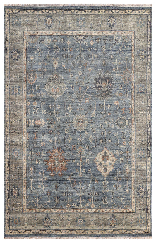 Steel Blue Denim Ivory Taupe Rust Tribal Geometric Hand Knotted Wool Silk 6x9 Bhadohi Area Rug