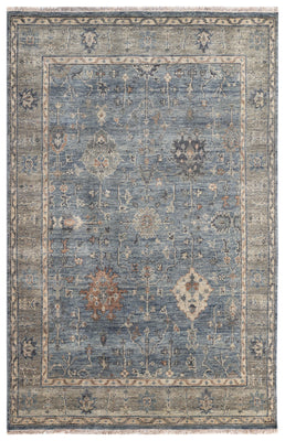 Steel Blue Denim Ivory Taupe Rust Tribal Geometric Hand Knotted Wool Silk 6x9 Bhadohi Area Rug
