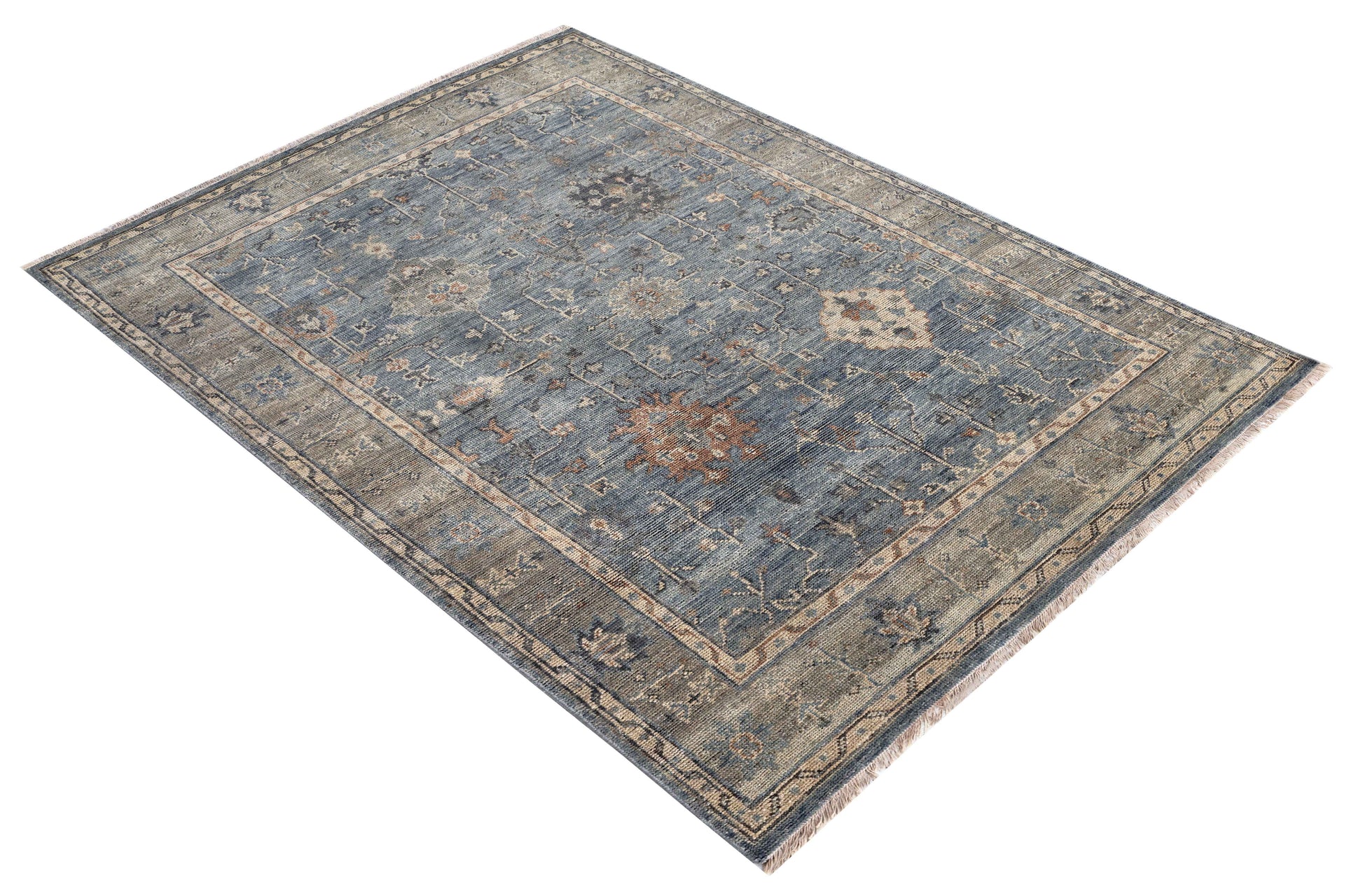 Steel Blue Denim Ivory Taupe Rust Tribal Geometric Hand Knotted Wool Silk 6x9 Bhadohi Area Rug