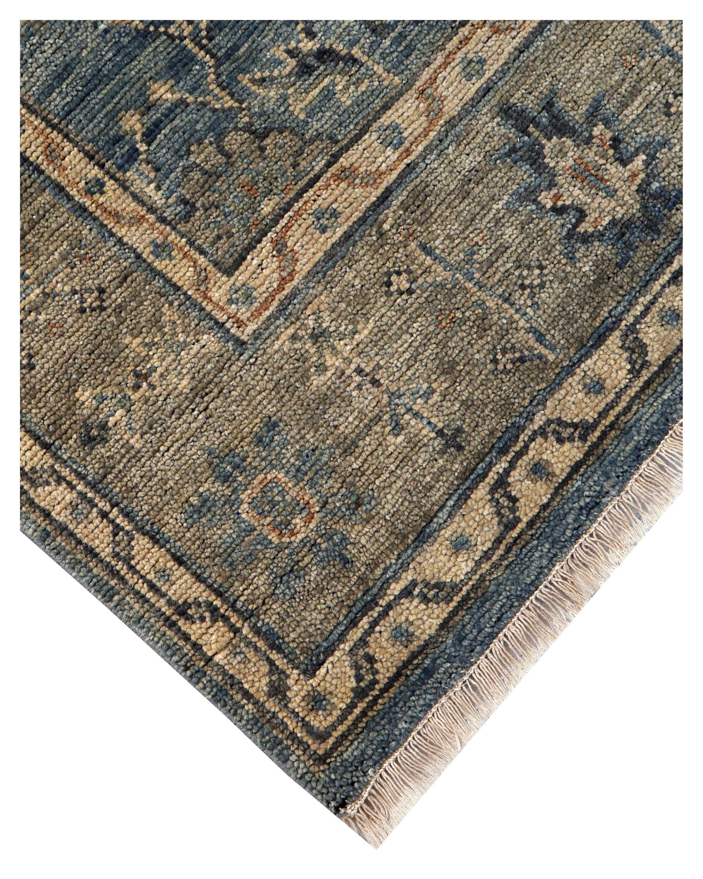 Steel Blue Denim Ivory Taupe Rust Tribal Geometric Hand Knotted Wool Silk 6x9 Bhadohi Area Rug