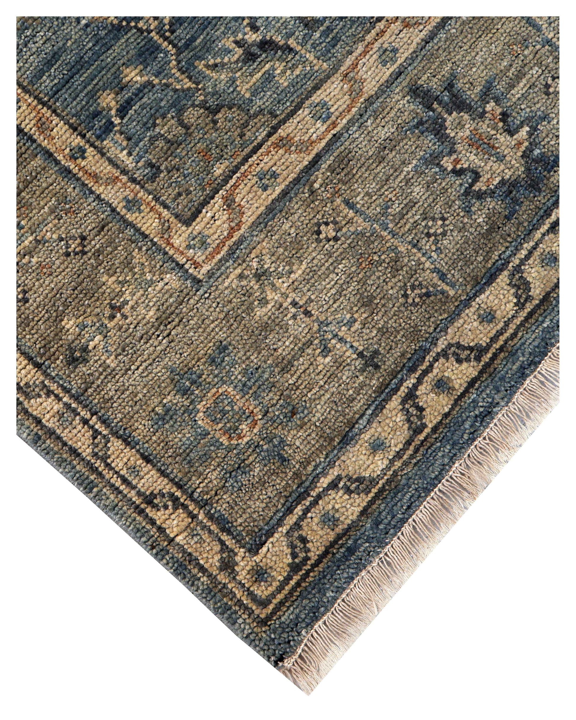 Steel Blue Denim Ivory Taupe Rust Tribal Geometric Hand Knotted Wool Silk 6x9 Bhadohi Area Rug