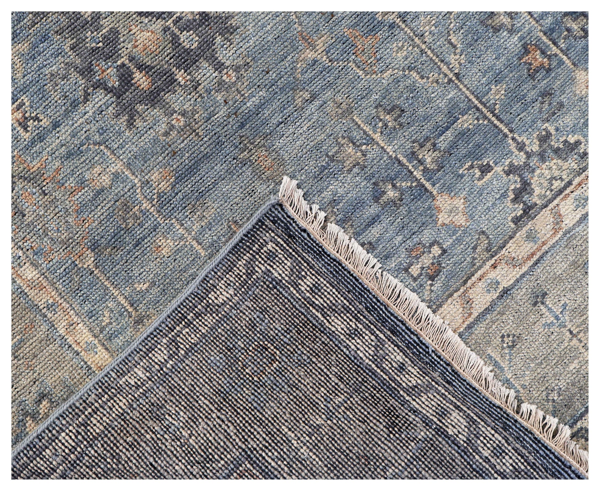 Steel Blue Denim Ivory Taupe Rust Tribal Geometric Hand Knotted Wool Silk 6x9 Bhadohi Area Rug