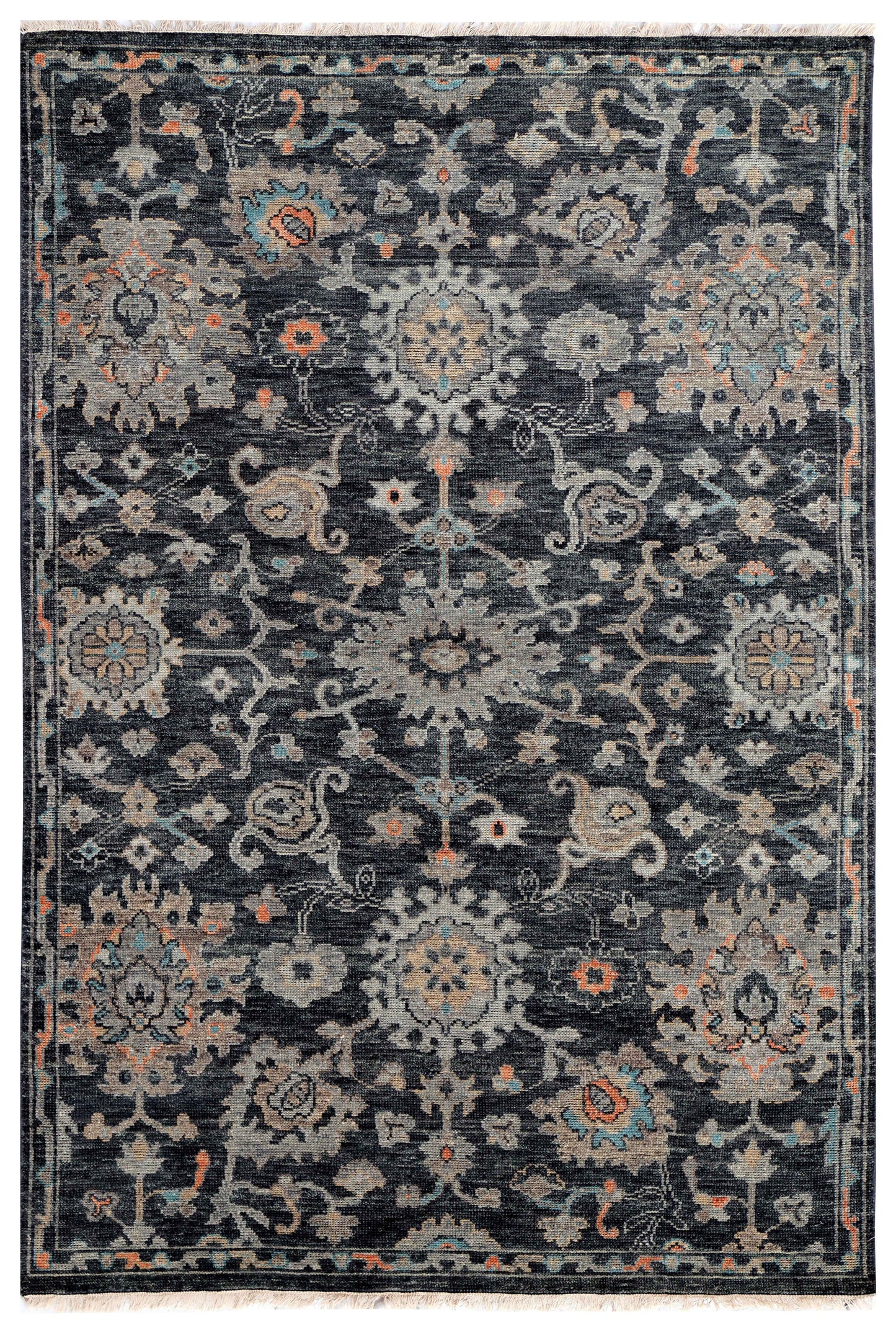 Charcoal Black Silver Sage Coral Persian Floral Vine Hand Knotted Wool Silk 6x9 Bhadohi Area Rug