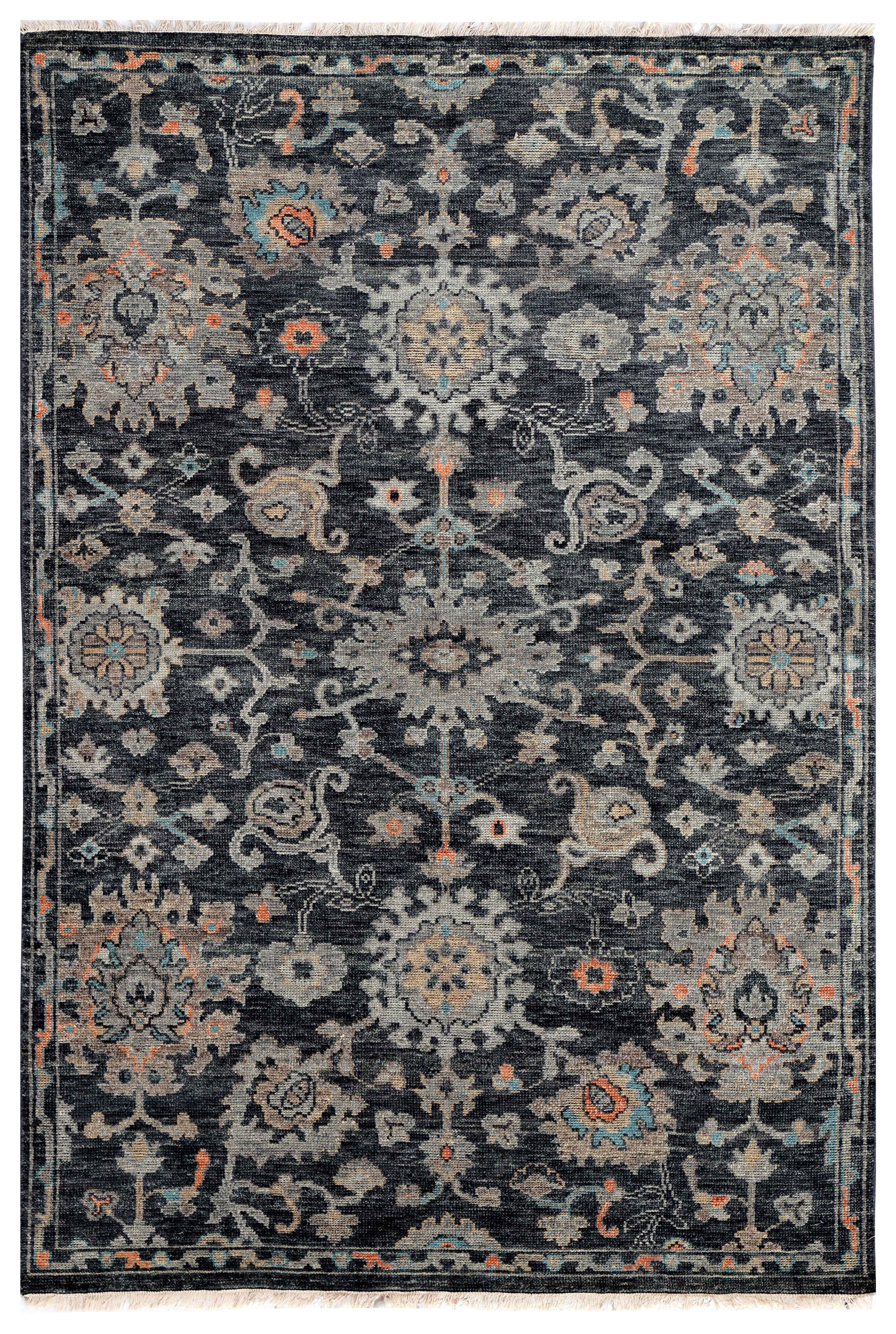 Charcoal Black Silver Sage Coral Persian Floral Vine Hand Knotted Wool Silk 6x9 Bhadohi Area Rug