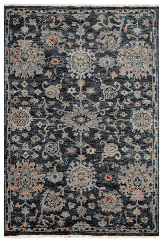 Charcoal Black Silver Sage Coral Persian Floral Vine Hand Knotted Wool Silk 6x9 Bhadohi Area Rug