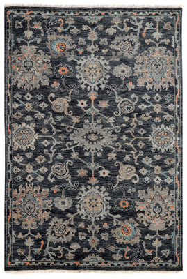 Charcoal Black Silver Sage Coral Persian Floral Vine Hand Knotted Wool Silk 6x9 Bhadohi Area Rug