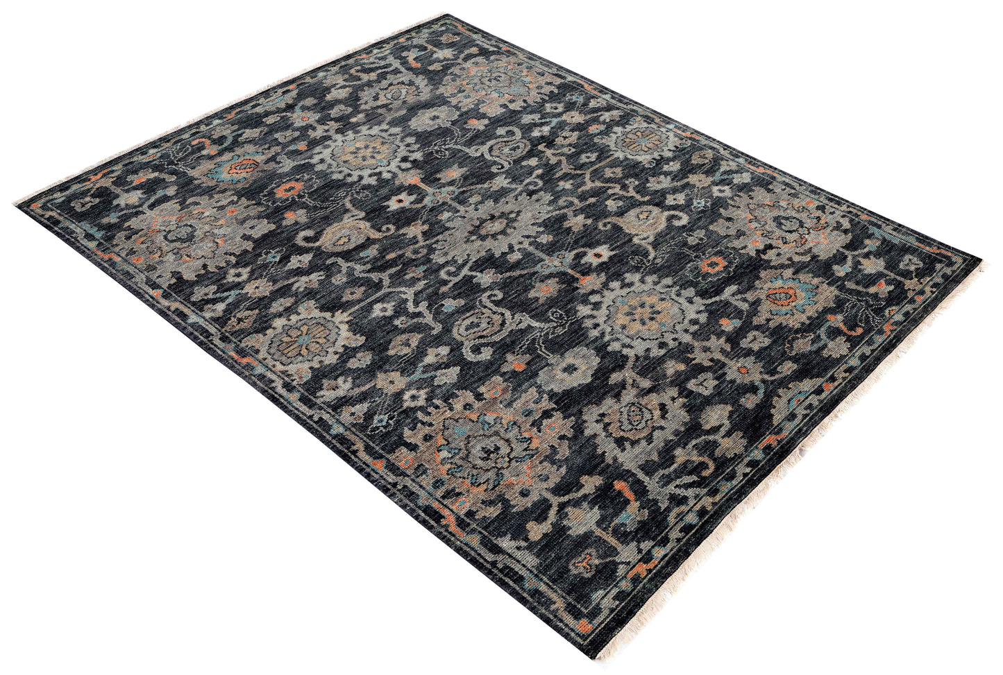 Charcoal Black Silver Sage Coral Persian Floral Vine Hand Knotted Wool Silk 6x9 Bhadohi Area Rug