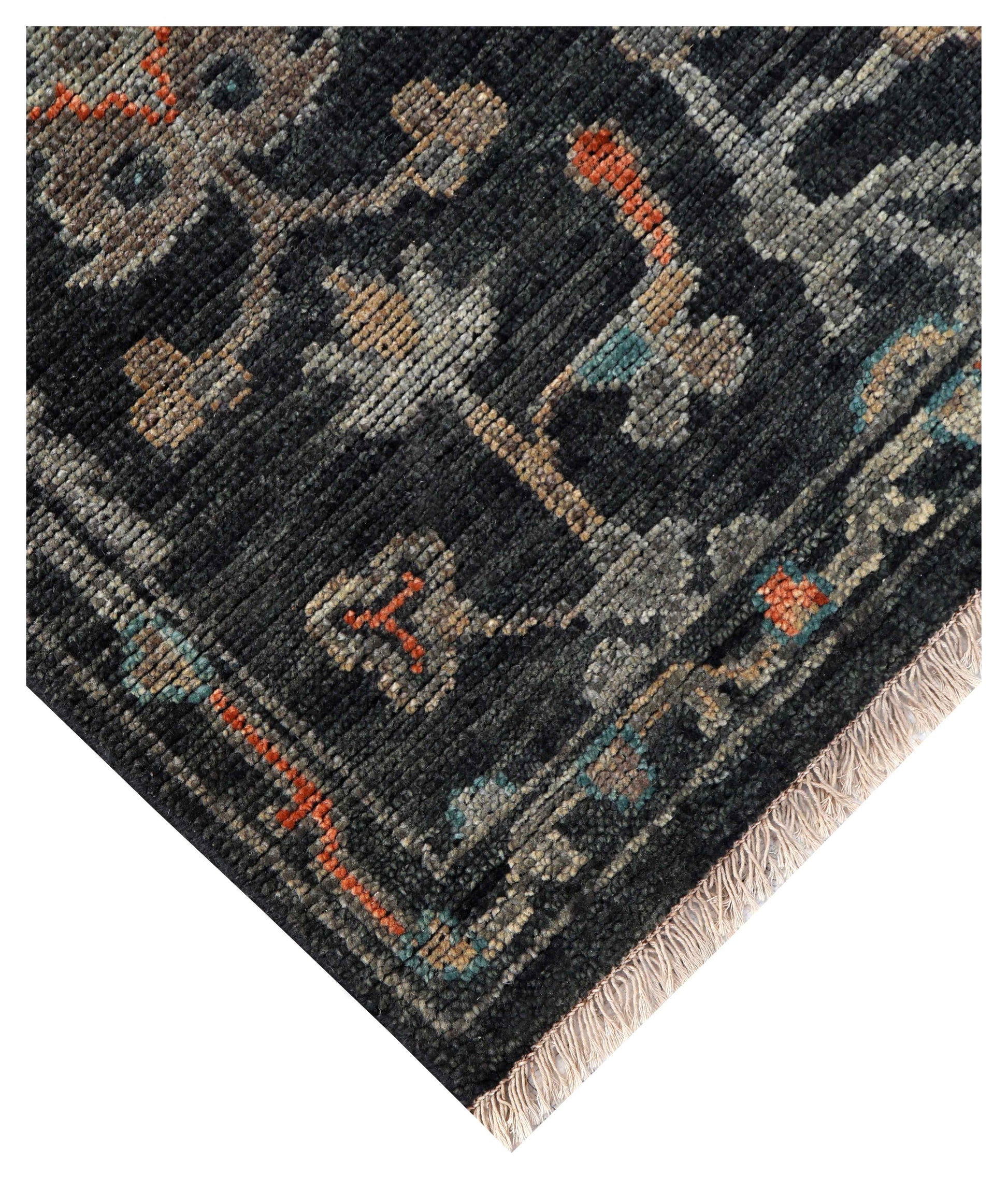 Charcoal Black Silver Sage Coral Persian Floral Vine Hand Knotted Wool Silk 6x9 Bhadohi Area Rug