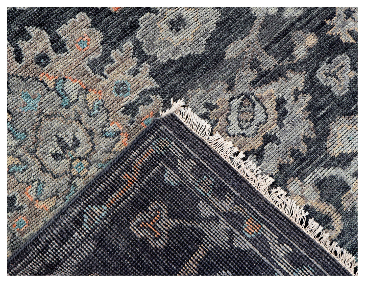 Charcoal Black Silver Sage Coral Persian Floral Vine Hand Knotted Wool Silk 6x9 Bhadohi Area Rug