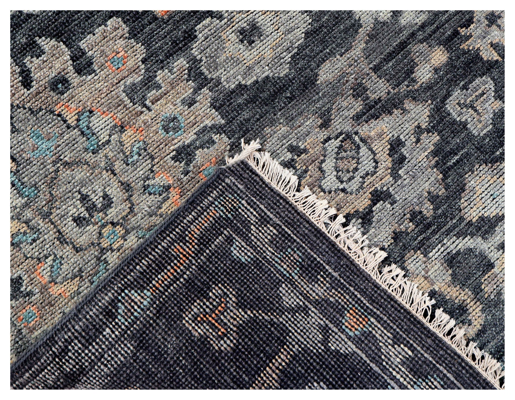 Charcoal Black Silver Sage Coral Persian Floral Vine Hand Knotted Wool Silk 6x9 Bhadohi Area Rug