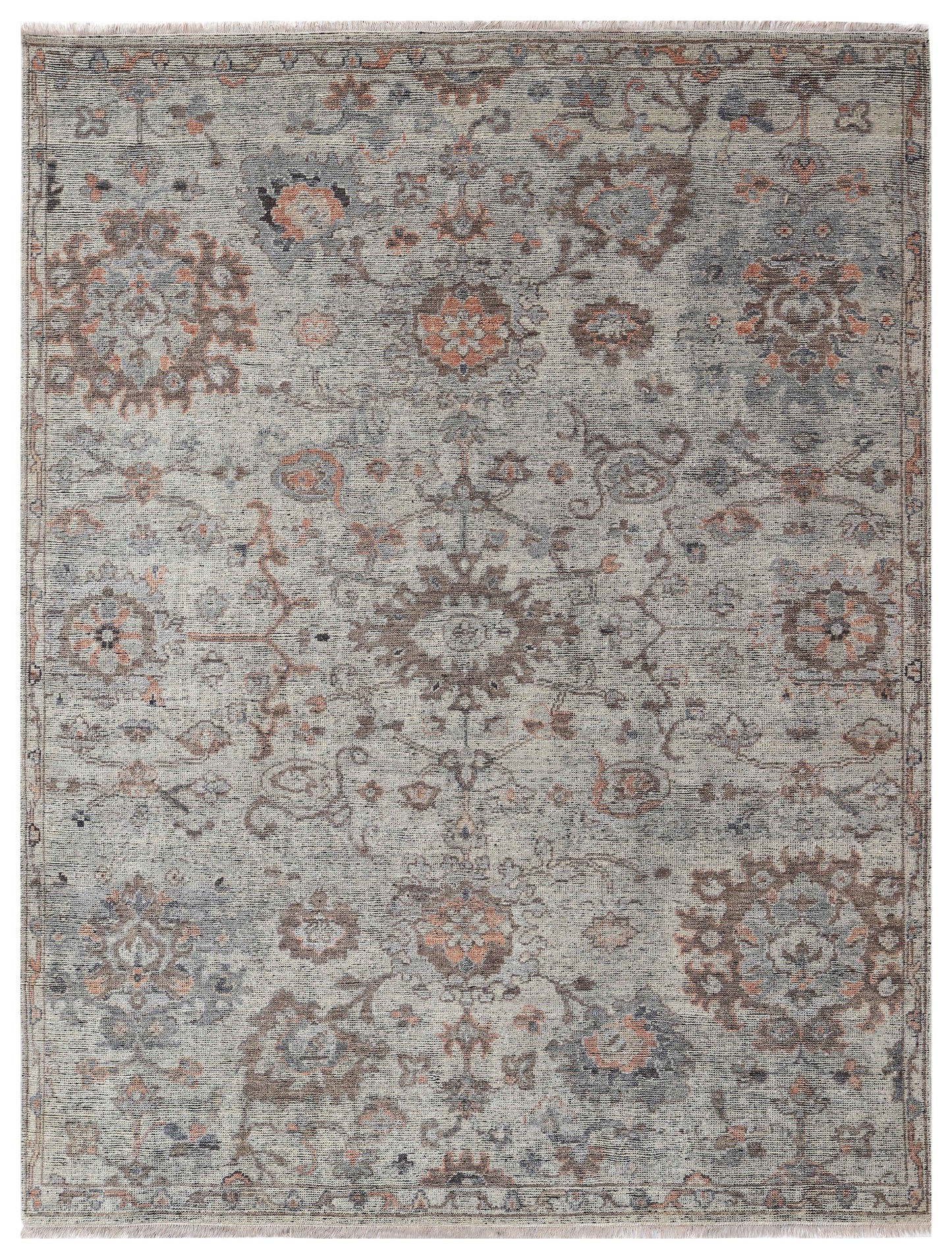 Silver Ivory Taupe Blush Pink Sage Antique Washed Oushak Floral Hand Knotted Wool Silk 8x10 Bhadohi Area Rug