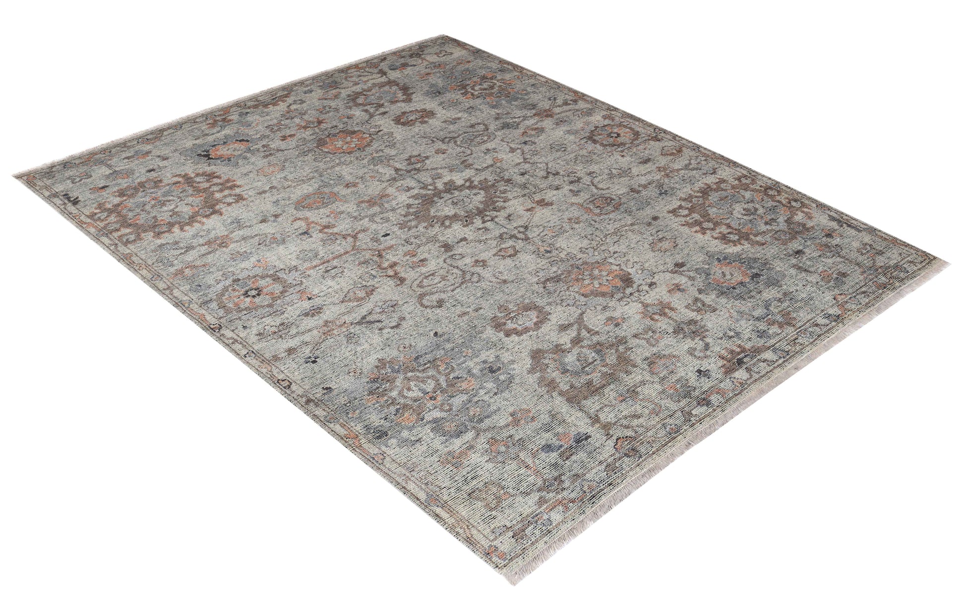 Silver Ivory Taupe Blush Pink Sage Antique Washed Oushak Floral Hand Knotted Wool Silk 8x10 Bhadohi Area Rug