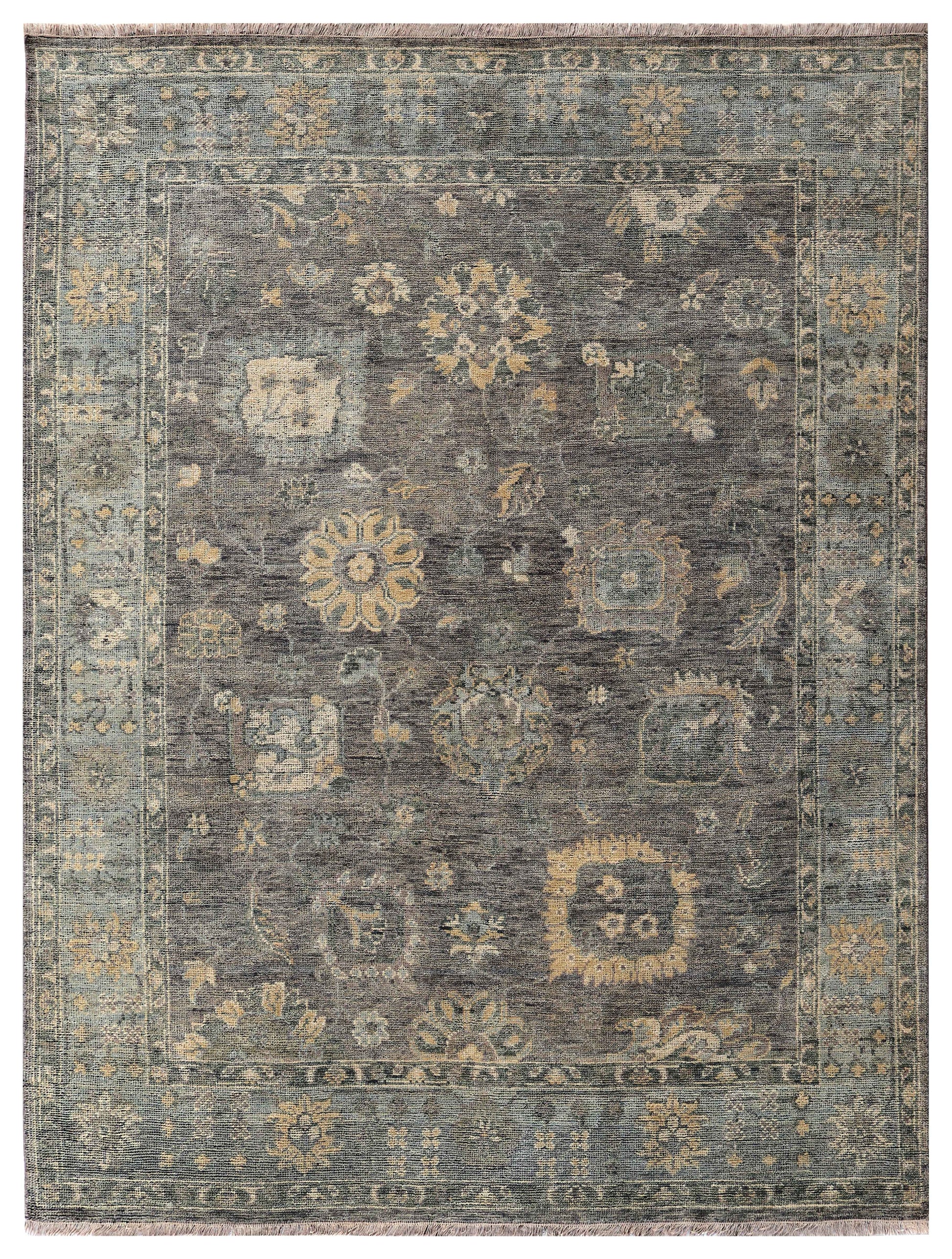 Charcoal Taupe Gold Amber Sage Green Oushak Floral Hand Knotted Wool Silk 8x10 Bhadohi Area Rug