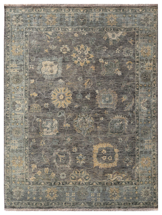 Charcoal Taupe Gold Amber Sage Green Oushak Floral Hand Knotted Wool Silk 8x10 Bhadohi Area Rug