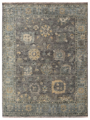 Charcoal Taupe Gold Amber Sage Green Oushak Floral Hand Knotted Wool Silk 8x10 Bhadohi Area Rug