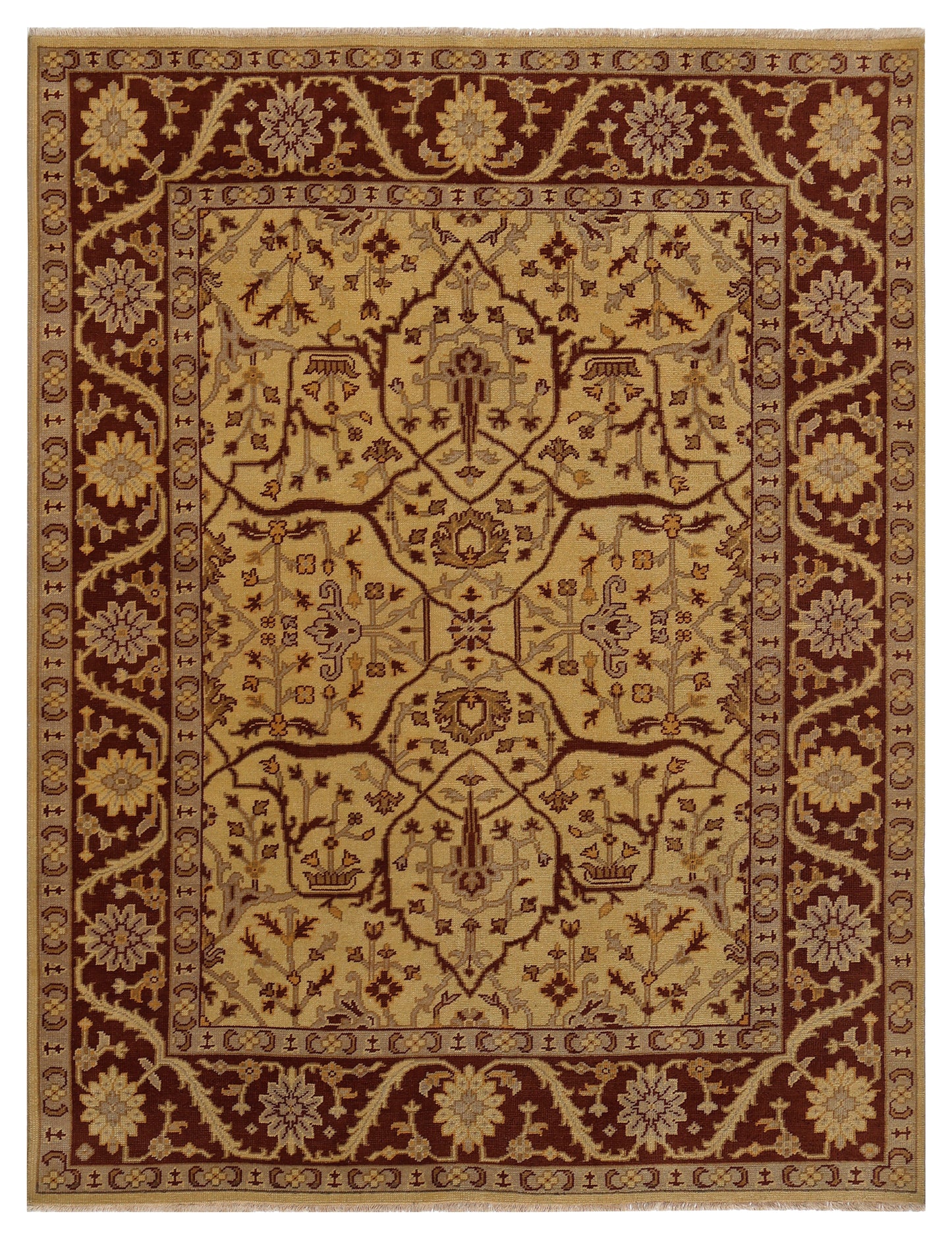 Gold Maroon Oushak Floral Hand Knotted Wool Vintage Oriental 8.6x10 Area Rug