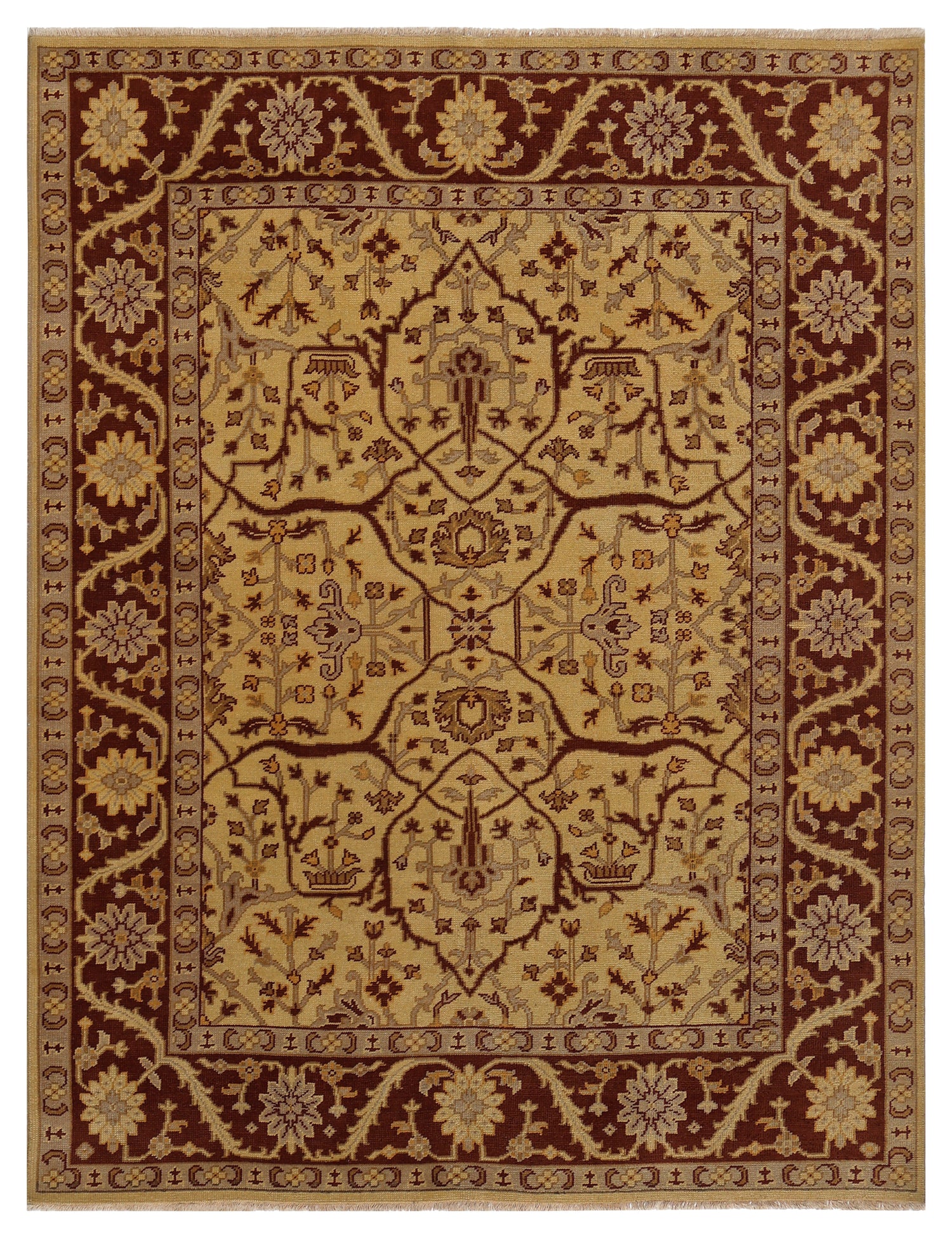 Gold Maroon Oushak Floral Hand Knotted Wool Vintage Oriental 8.6x10 Area Rug
