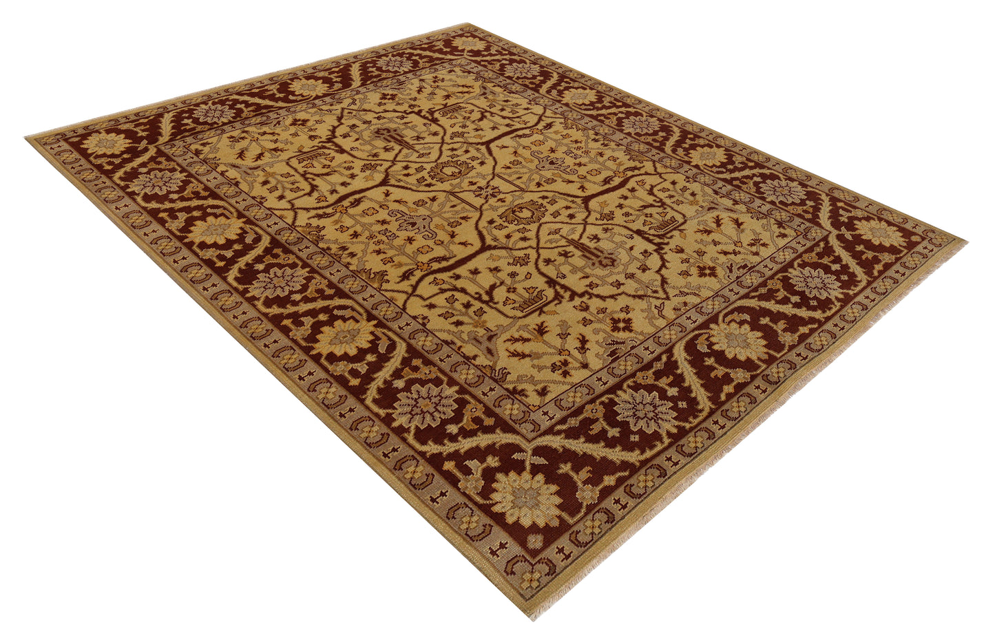 Gold Maroon Oushak Floral Hand Knotted Wool Vintage Oriental 8.6x10 Area Rug