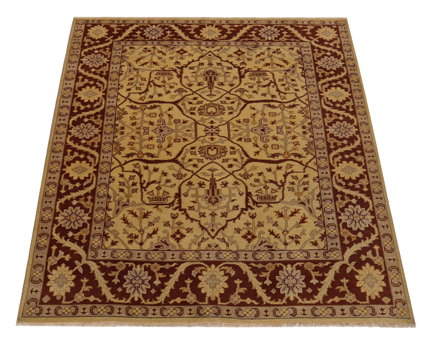 Gold Maroon Oushak Floral Hand Knotted Wool Vintage Oriental 8.6x10 Area Rug