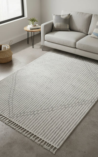 Hand Knotted Ivory Gray Modern Striped Rug - Hand Carved Texture 5.6x8.6 Feet