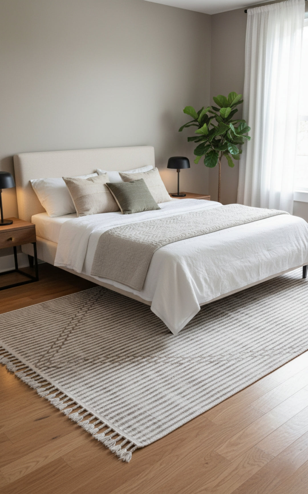 Hand Knotted Ivory Brown Horizontal Modern Striped Rug - Hand Carved Texture 5x8.6