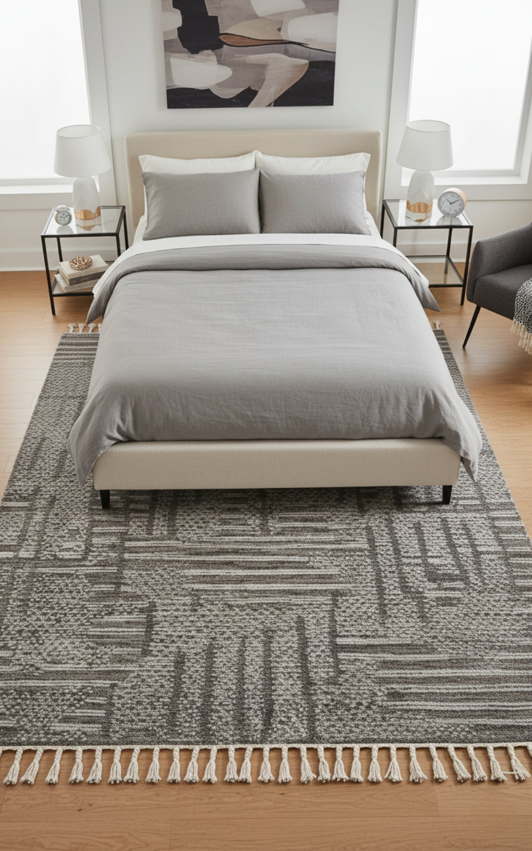 Hand Knotted Brown Ivory Charcoal Striped Rug - Hand Carved Texture 5.6x8
