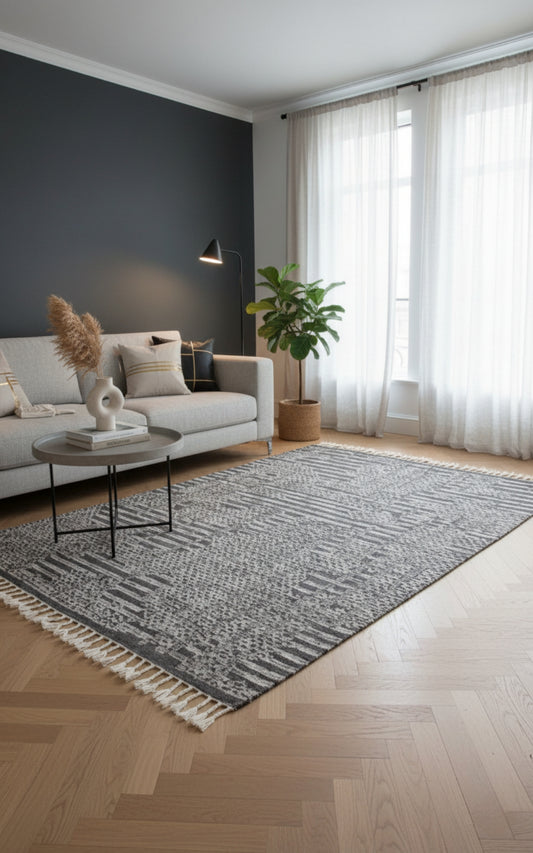 Hand Knotted Ivory Charcoal Striped Rug - Hand Carved Texture 5.6x8 Feet