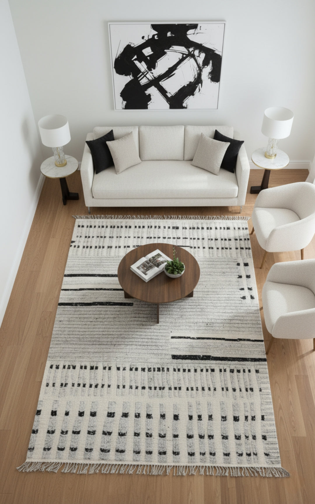 Hand Knotted Ivory Gray Black modern Geometric stripes Rug - Hand Carved Texture 5.6x8.6
