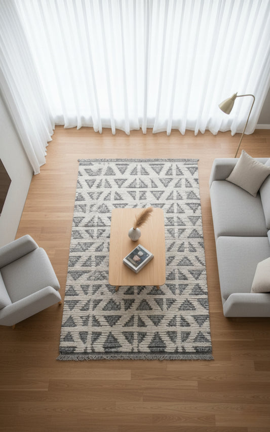 Hand Knotted Ivory Gray Geometric Rug - Striped Texture Area Rug 5x8 Feet