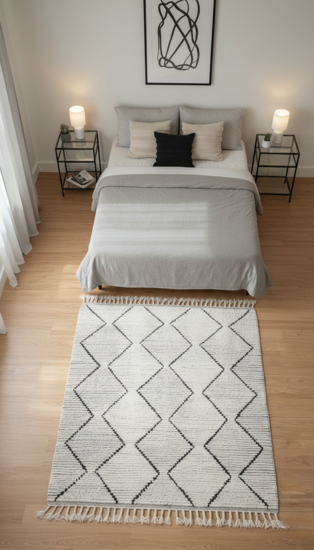 Hand Knotted Ivory and Black Geometric Diamond Rug - Modern Area Rug 5.6x7.6 Feet