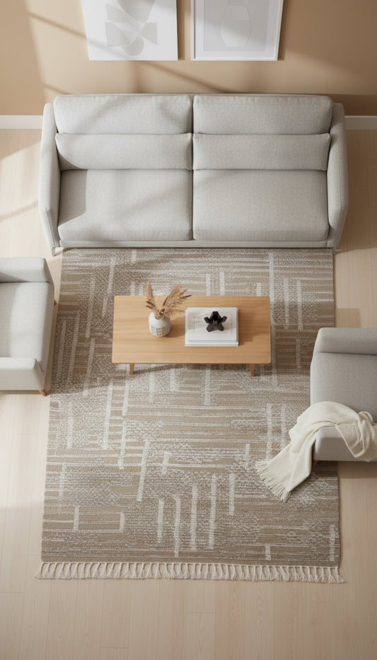 Hand Knotted Beige and Ivory Geometric Rug - Modern Area Rug 5.6x8.6 Feet