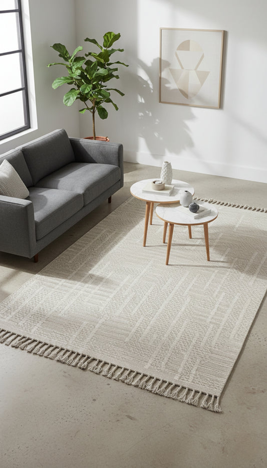 Hand Knotted ivory and Beige Textured Rug - Modern Area Rug 5.6x8.6 Feet