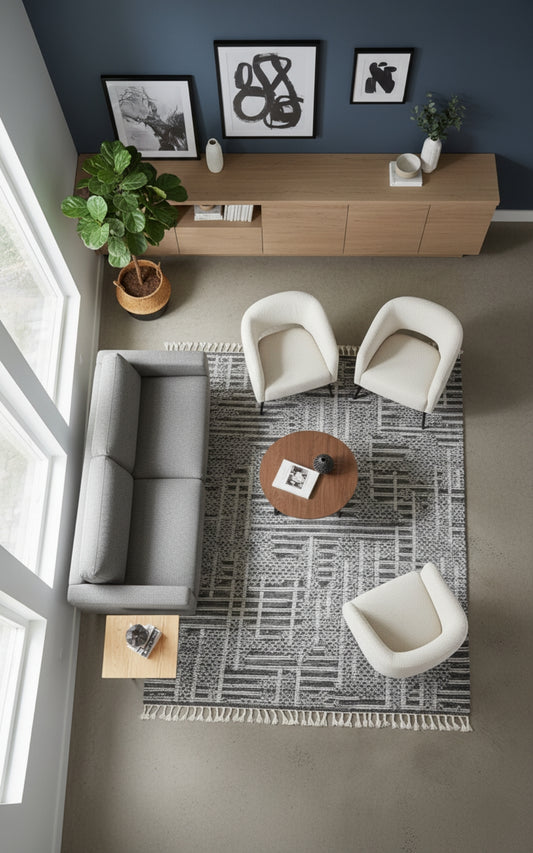 Hand Knotted Geometric Patchwork Rug - Black Gray and Ivory Area Rug 5x8.6 Feet