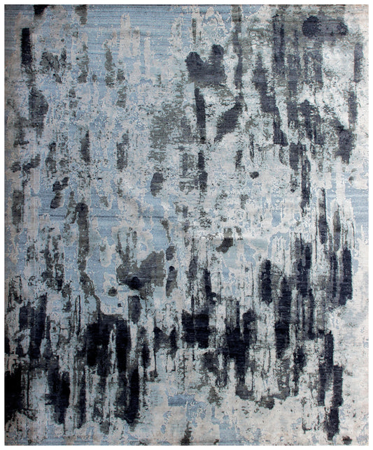Grey Blue Charcoal 8x10 Hand Knotted Wool Viscose Area Rug - Vintage Antique Abstract