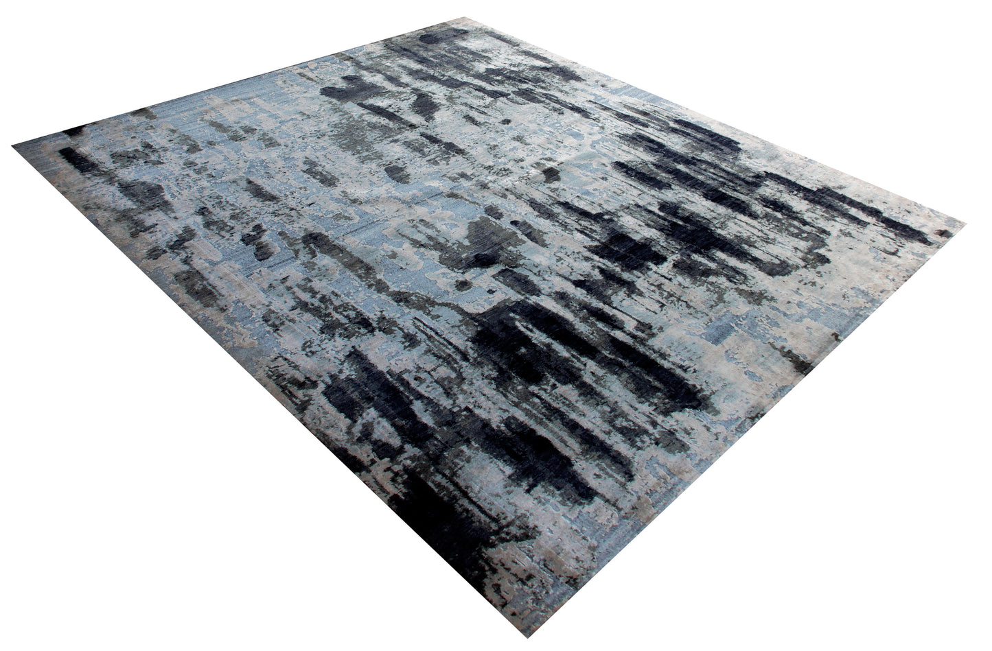 Grey Blue Charcoal 8x10 Hand Knotted Wool Viscose Area Rug - Vintage Antique Abstract