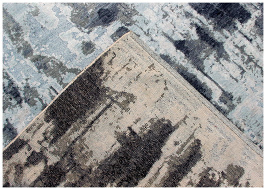 Grey Blue Charcoal 8x10 Hand Knotted Wool Viscose Area Rug - Vintage Antique Abstract