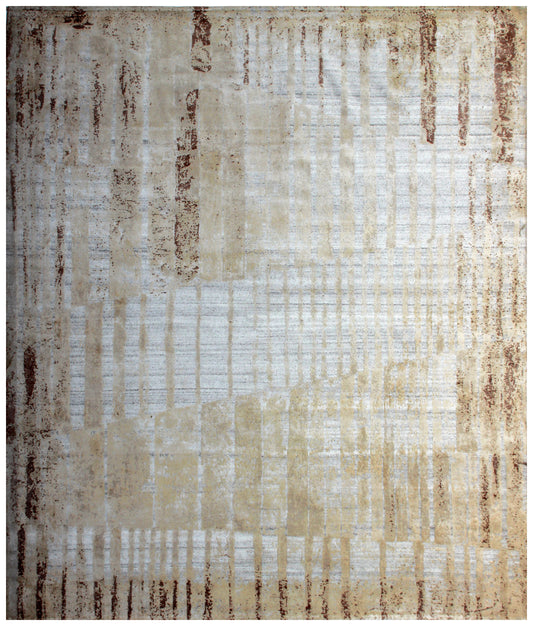 Ivory Cream Beige 7.6x10 Hand Knotted Wool Viscose Area Rug - Vintage Antique Abstract