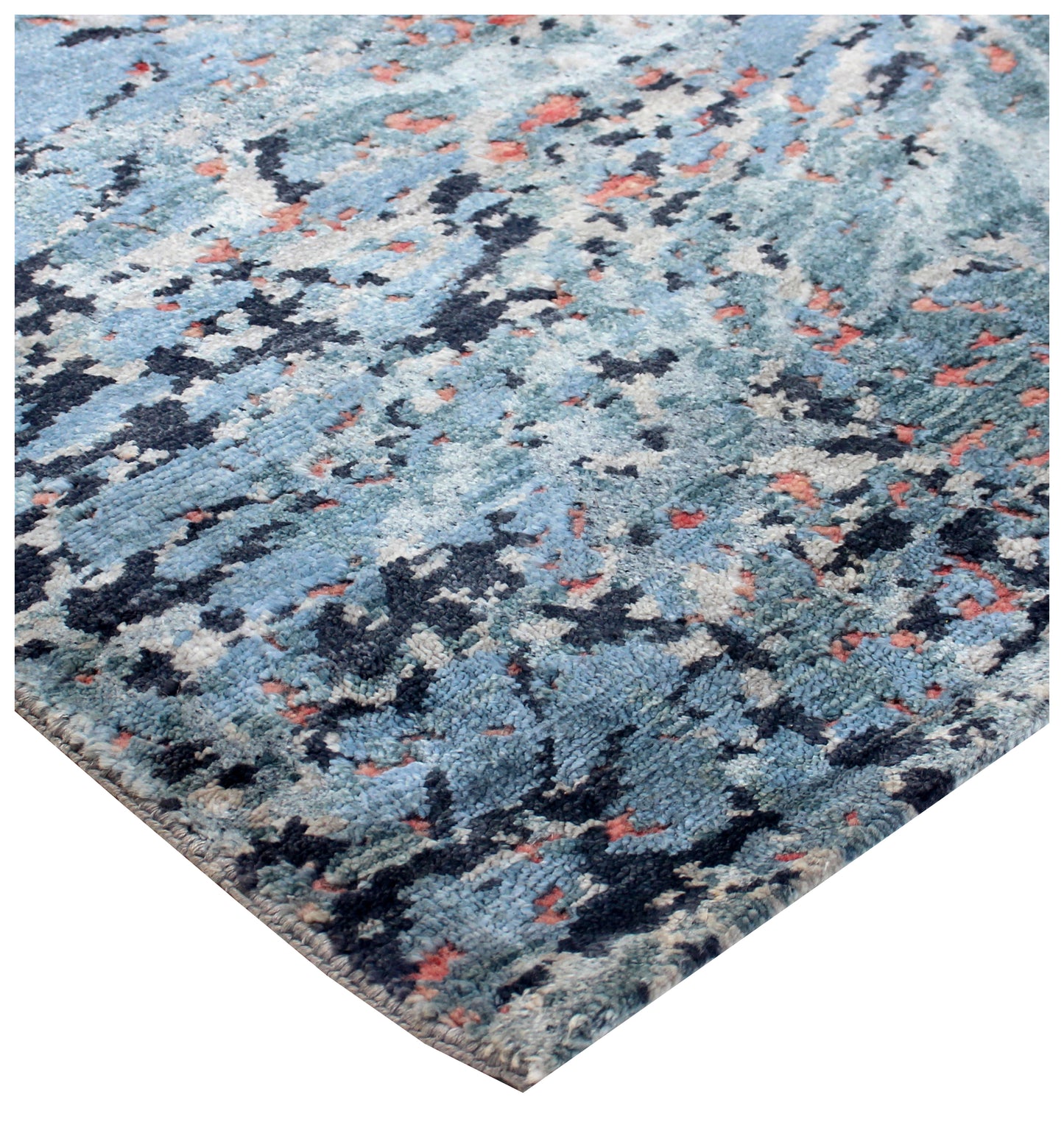 Grey Turquoise Pink 8x10 Hand Knotted Wool Viscose Area Rug - Vintage Antique Abstract