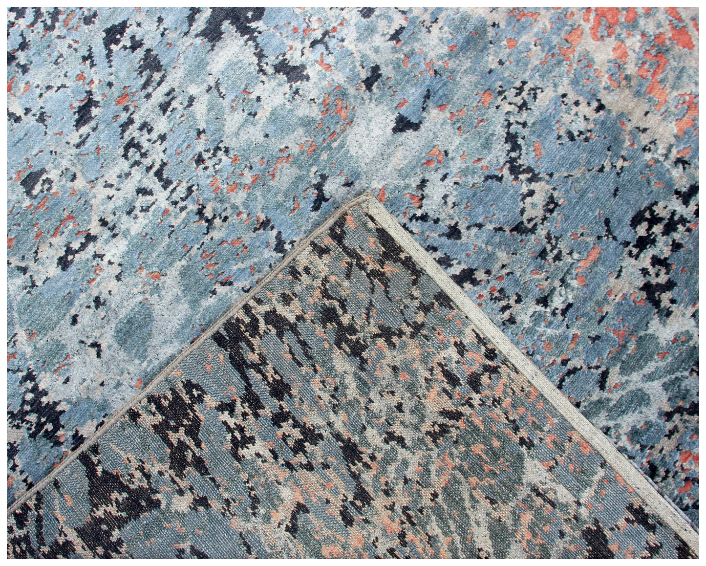 Grey Turquoise Pink 8x10 Hand Knotted Wool Viscose Area Rug - Vintage Antique Abstract